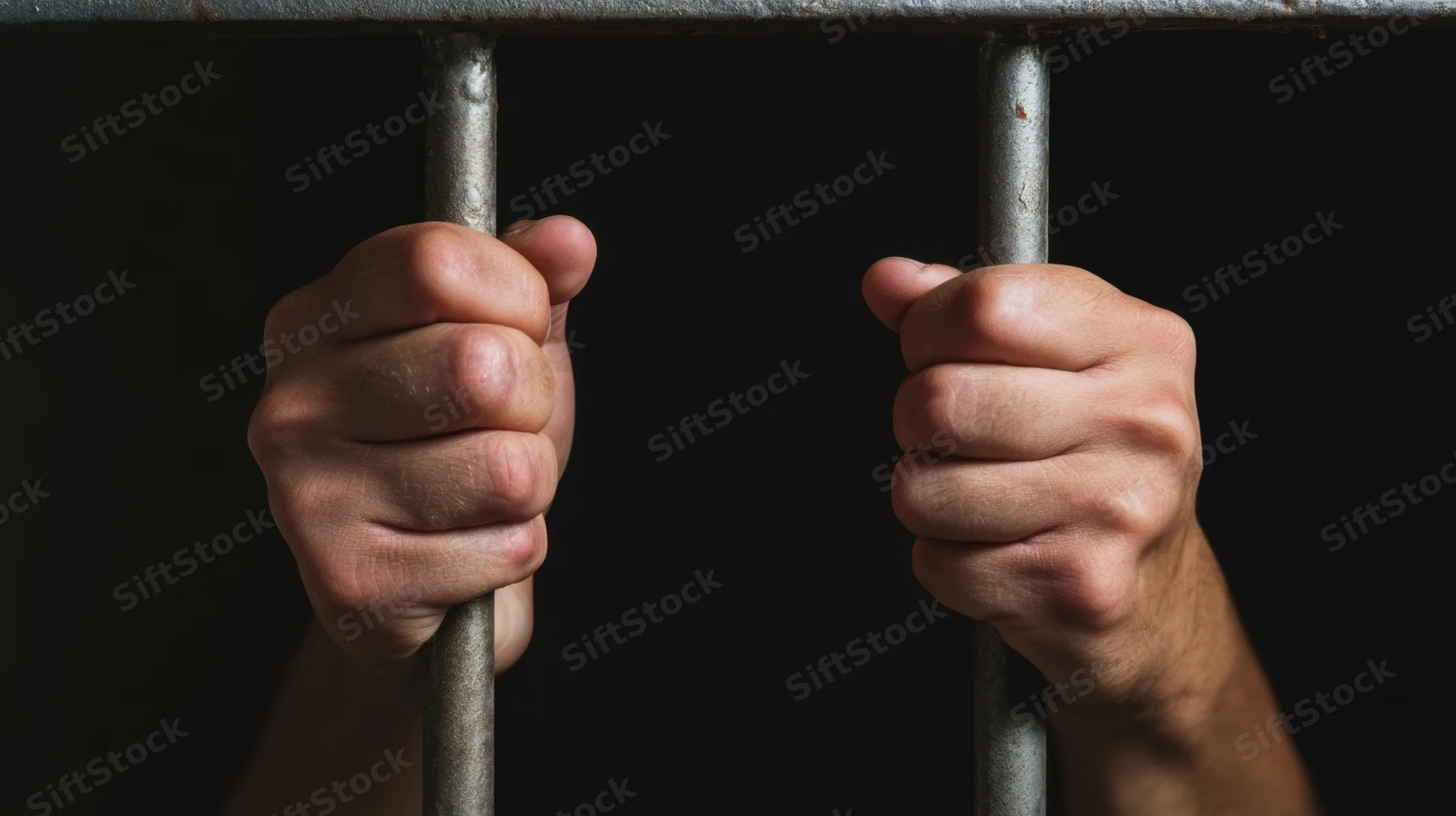 Hands gripping metal prison bars in darkness