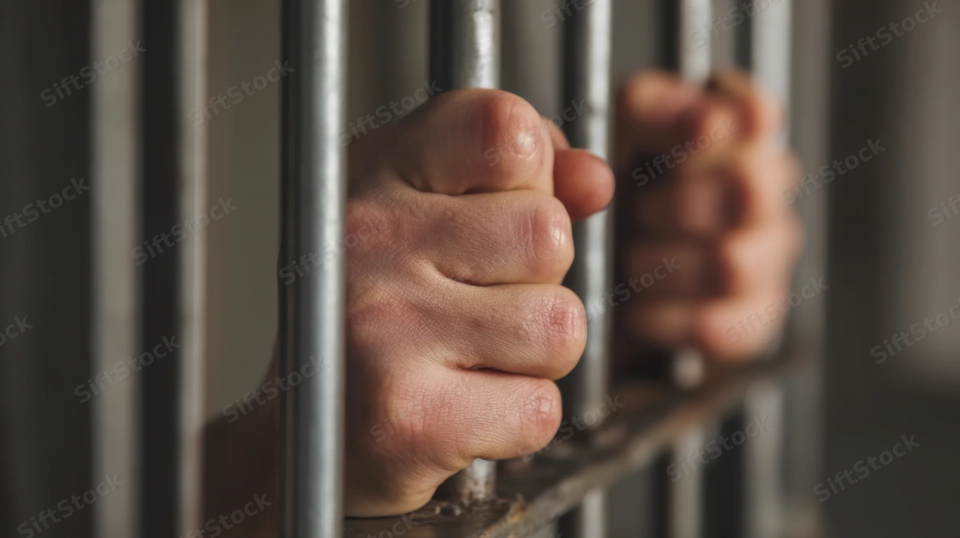 Closeup of a man's hands gripping metal prison bars in a jail cell