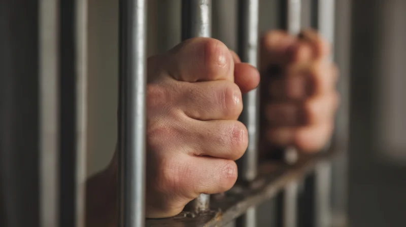 Closeup of a man's hands gripping metal prison bars in a jail cell