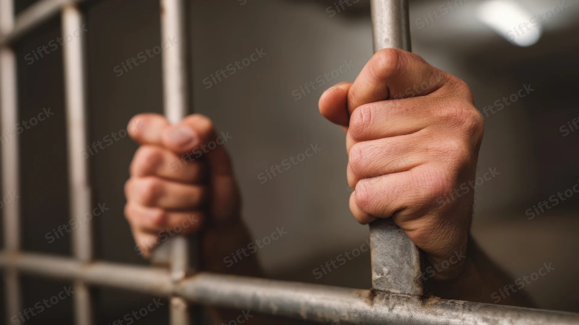 Hands gripping metal prison bars in a dim cell