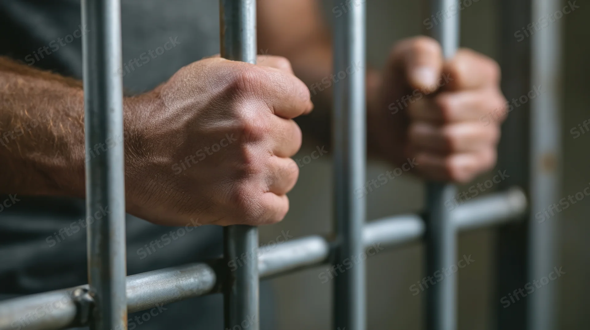 Inmate's hands gripping metal prison bars in a detention cell