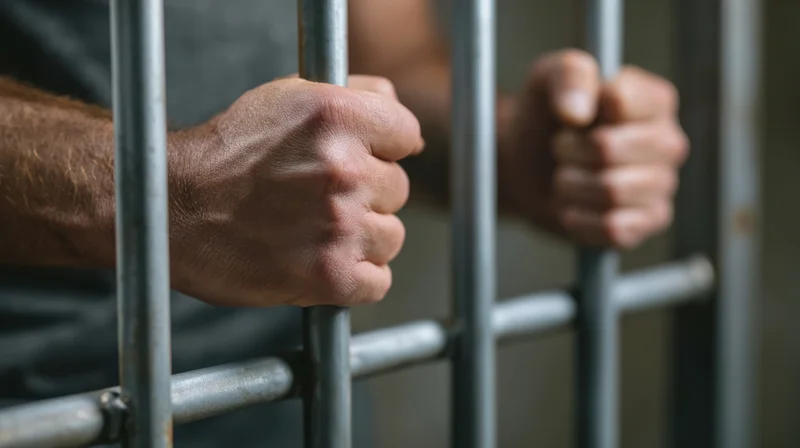 Inmate's hands gripping metal prison bars in a detention cell