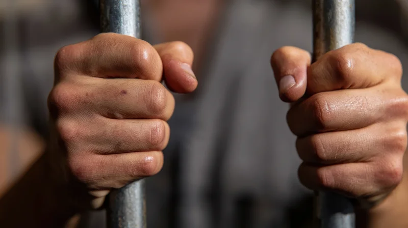 Closeup of a man's hands gripping metal prison bars