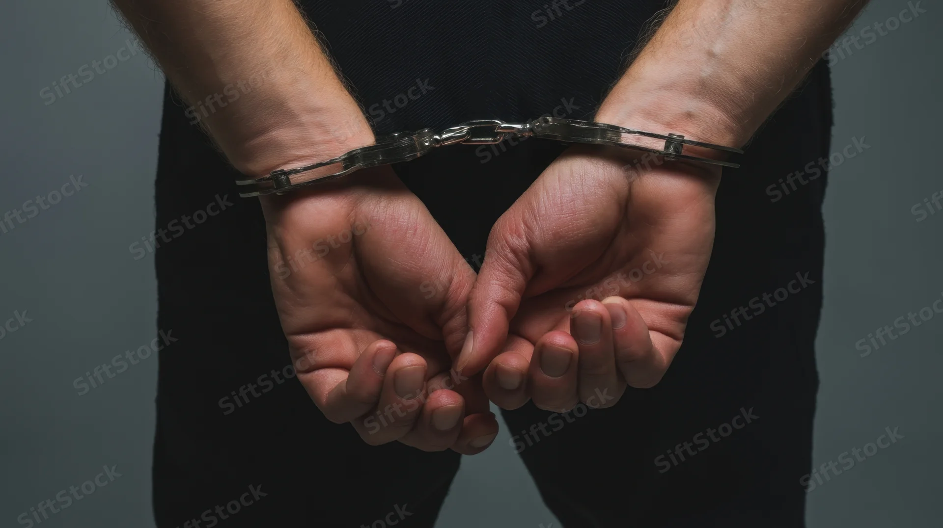 Man's hands cuffed behind his back in metal handcuffs against a gray background