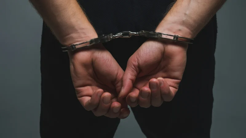 Man's hands cuffed behind his back in metal handcuffs against a gray background