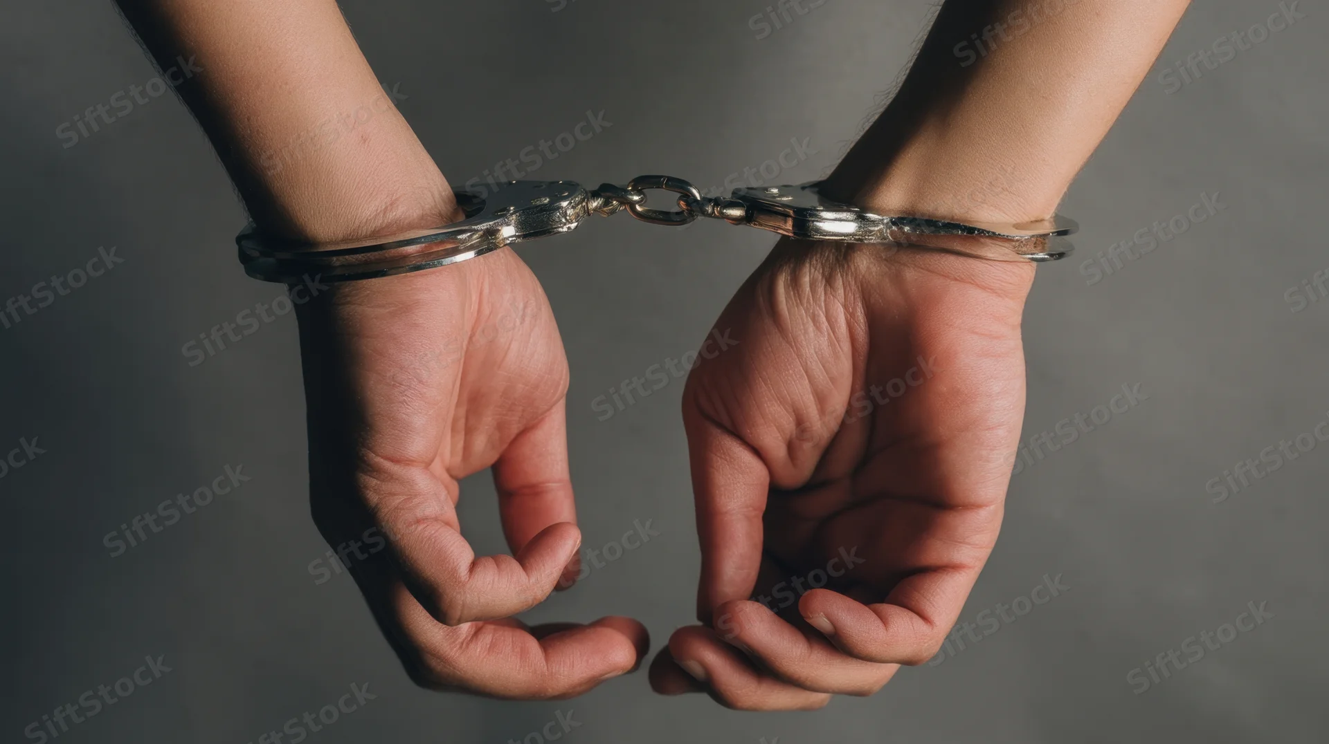Hands secured with metal handcuffs against a plain gray background
