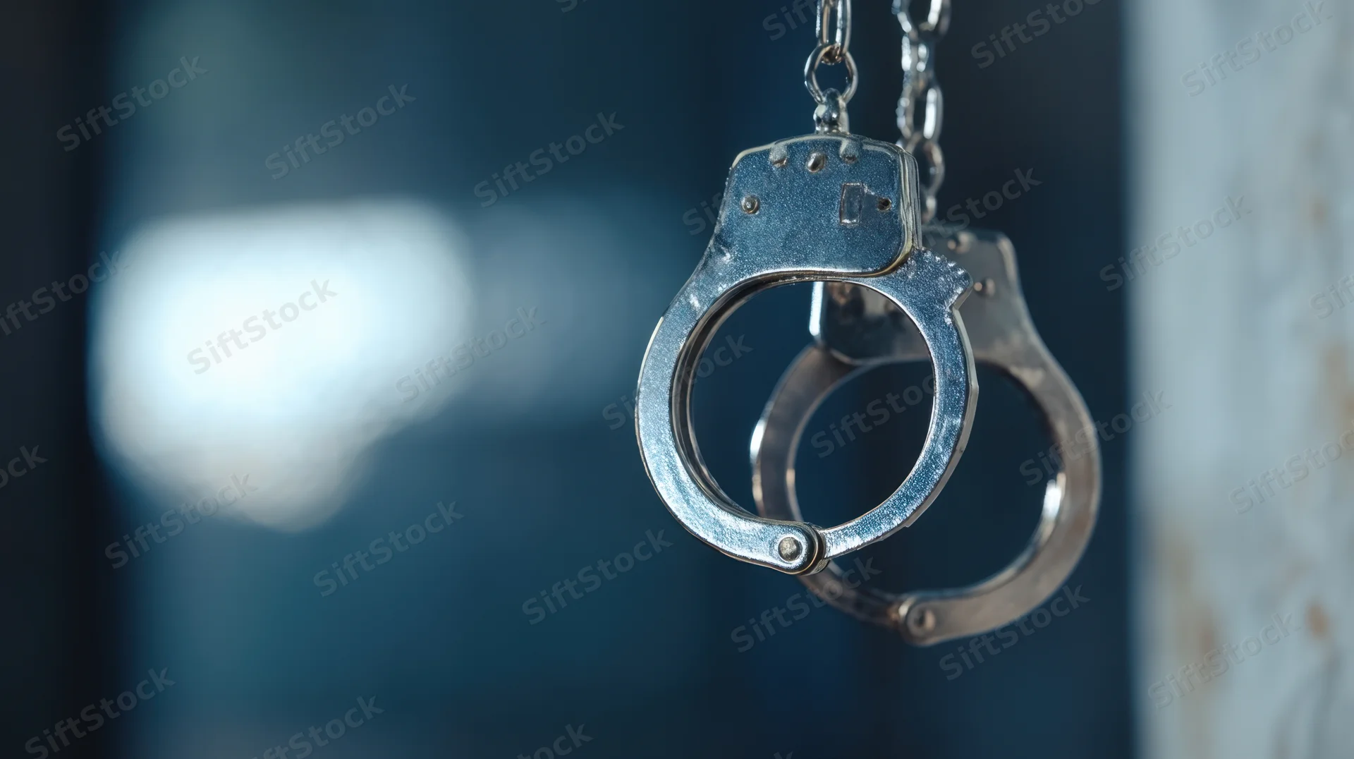 Metal handcuffs hanging suspended against a dark blue blurred background
