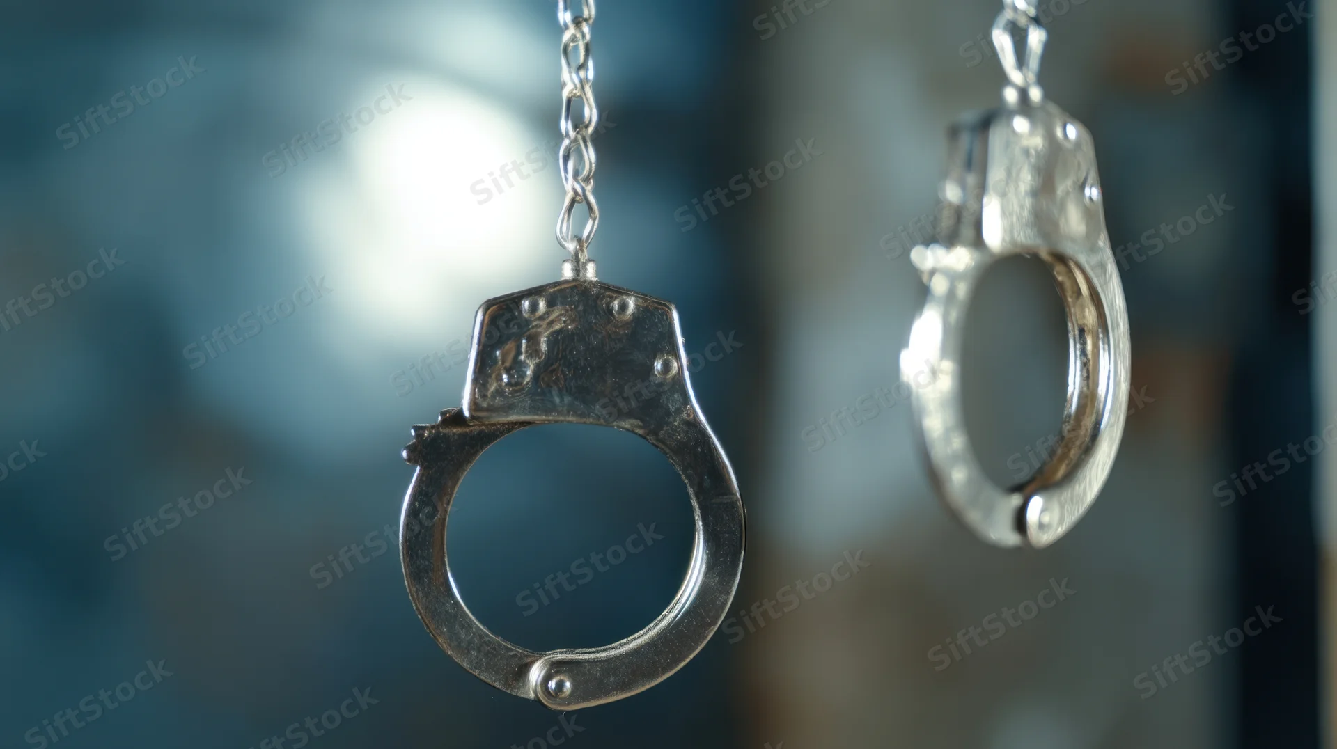 Metal handcuffs hanging by chain against blurred background