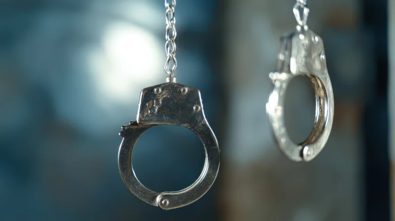 Metal handcuffs hanging by chain against blurred background