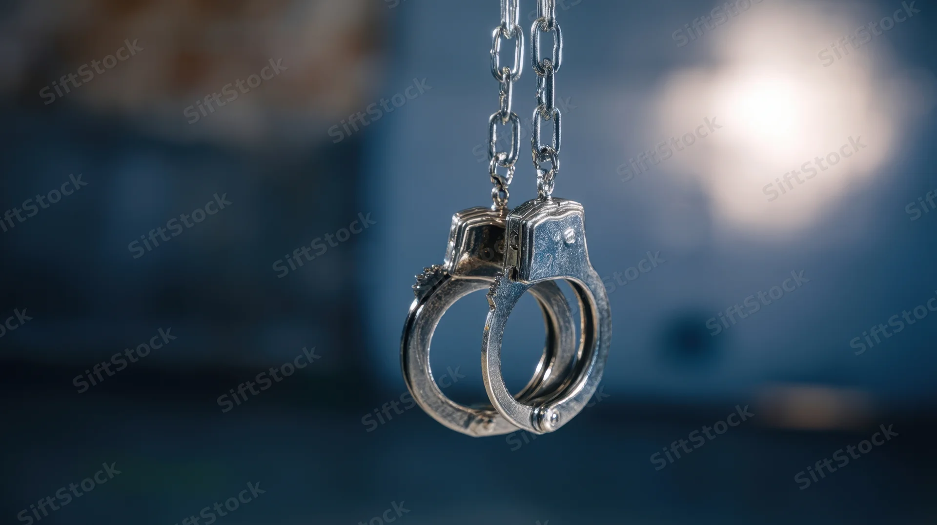 Metal handcuffs hanging by chain against dark blue background with spotlight glow