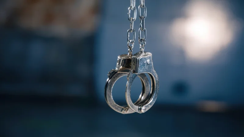 Metal handcuffs hanging by chain against dark blue background with spotlight glow