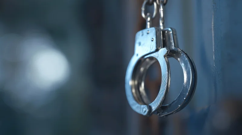 Metal handcuffs hanging from a chain against a dark blue blurred background