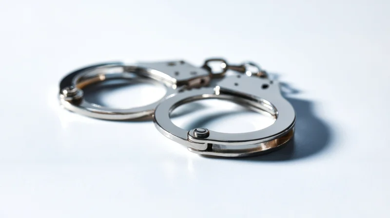 A pair of metal handcuffs lying on a white surface