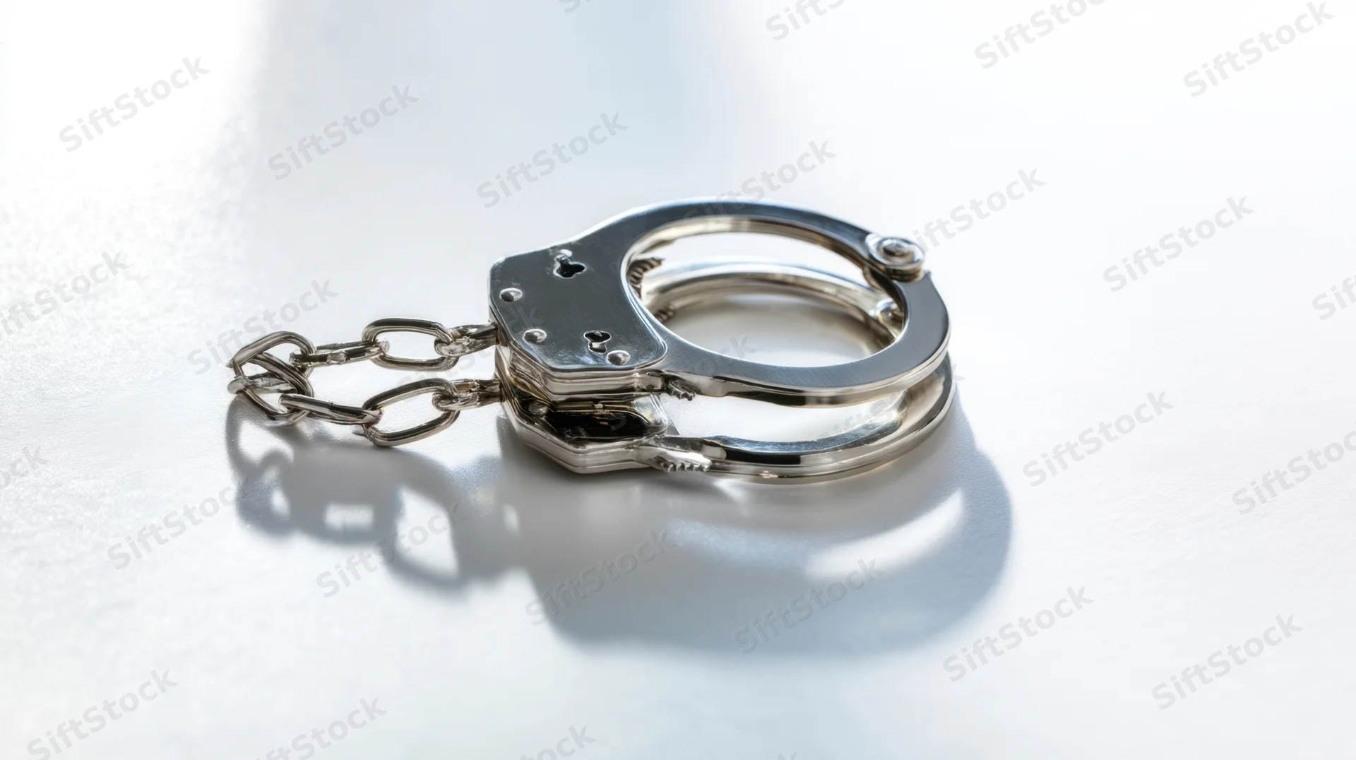A pair of metal handcuffs resting on a white surface with soft shadows