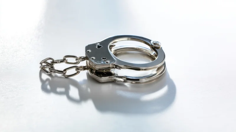 A pair of metal handcuffs resting on a white surface with soft shadows