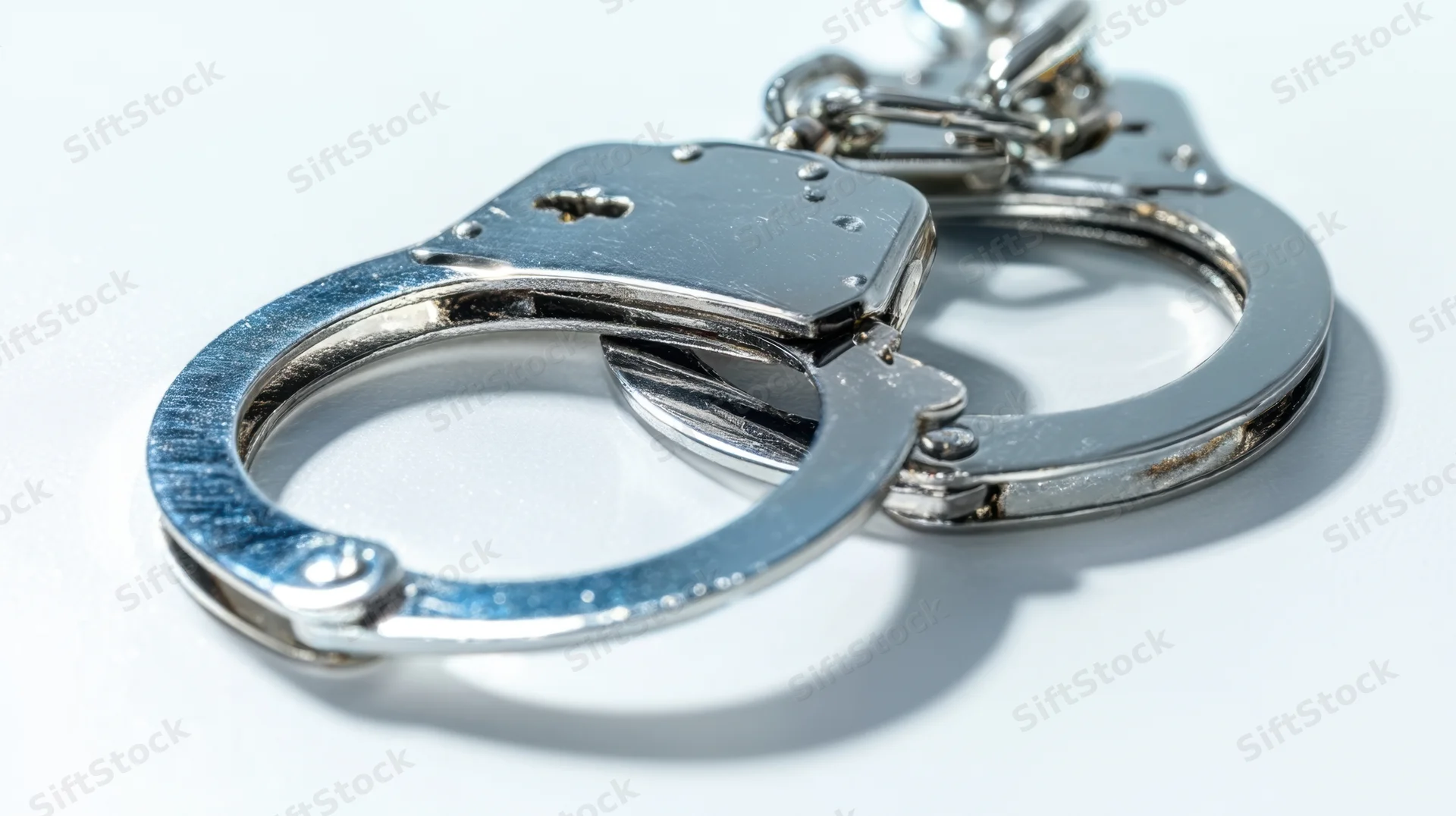 A pair of metal handcuffs resting on a white surface
