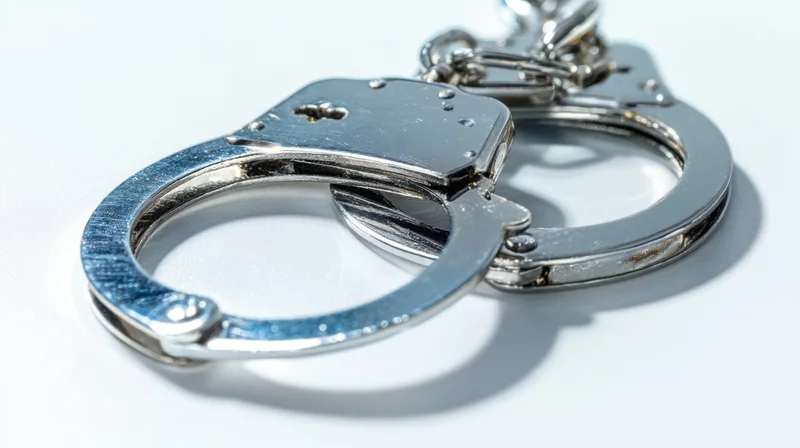 A pair of metal handcuffs resting on a white surface