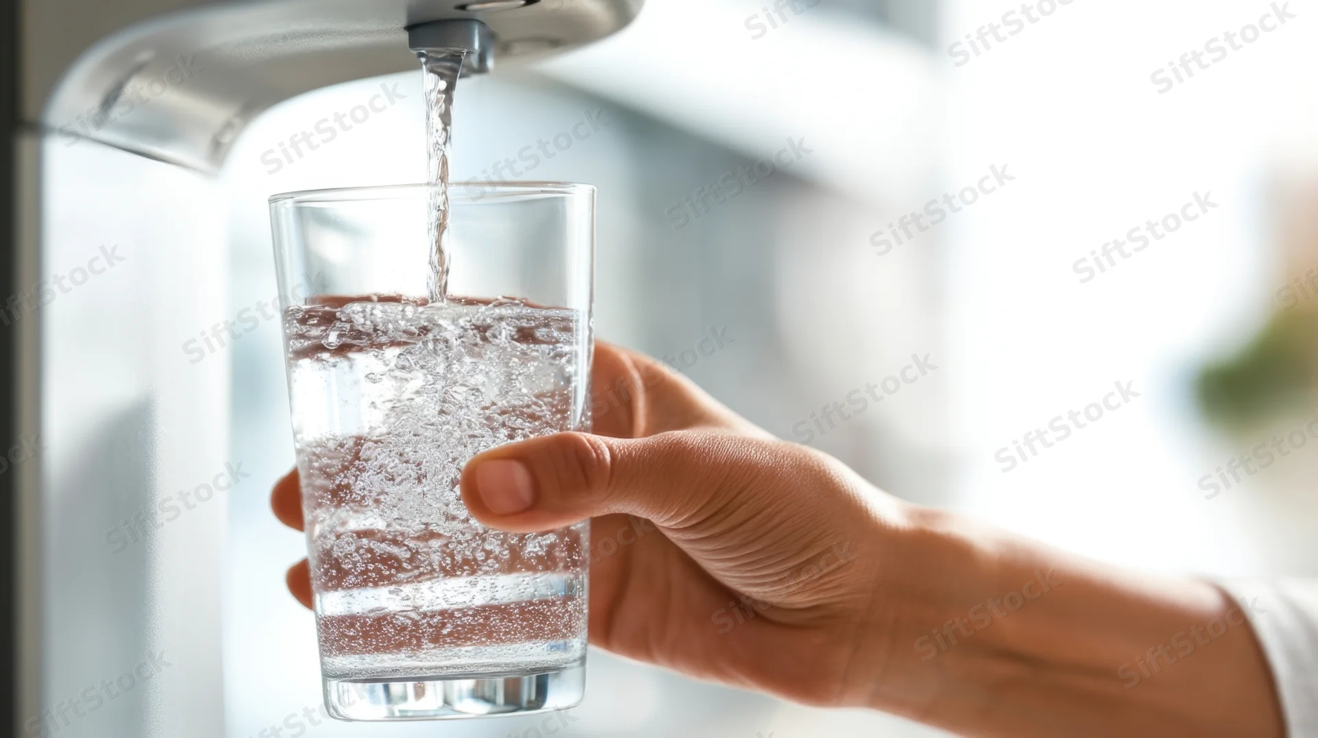 Hand holding a glass under a water dispenser filling it with cold sparkling water in an office or kitchen setting
