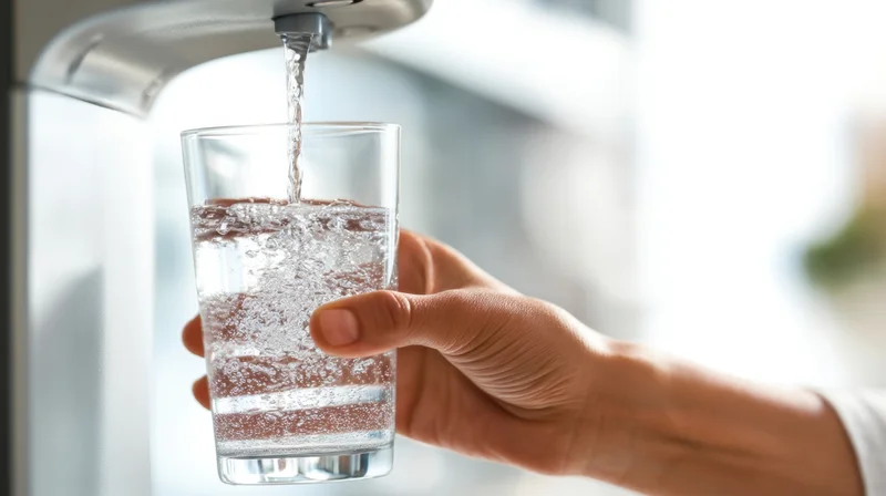 Hand holding a glass under a water dispenser filling it with cold sparkling water in an office or kitchen setting