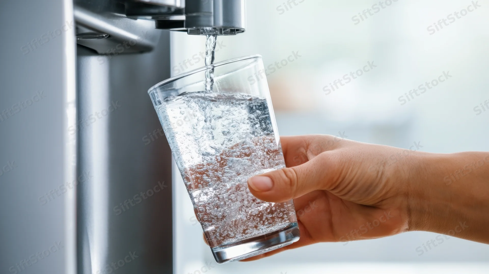 Hand holding a glass under a water dispenser pouring cold water into it in an office or kitchen setting