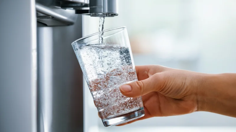 Hand holding a glass under a water dispenser pouring cold water into it in an office or kitchen setting