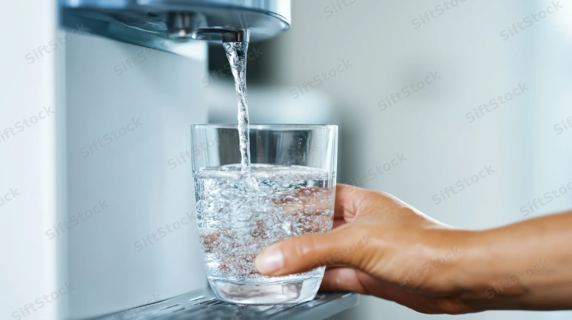 Hand holding a glass under a water dispenser pouring cold water into it in an office setting