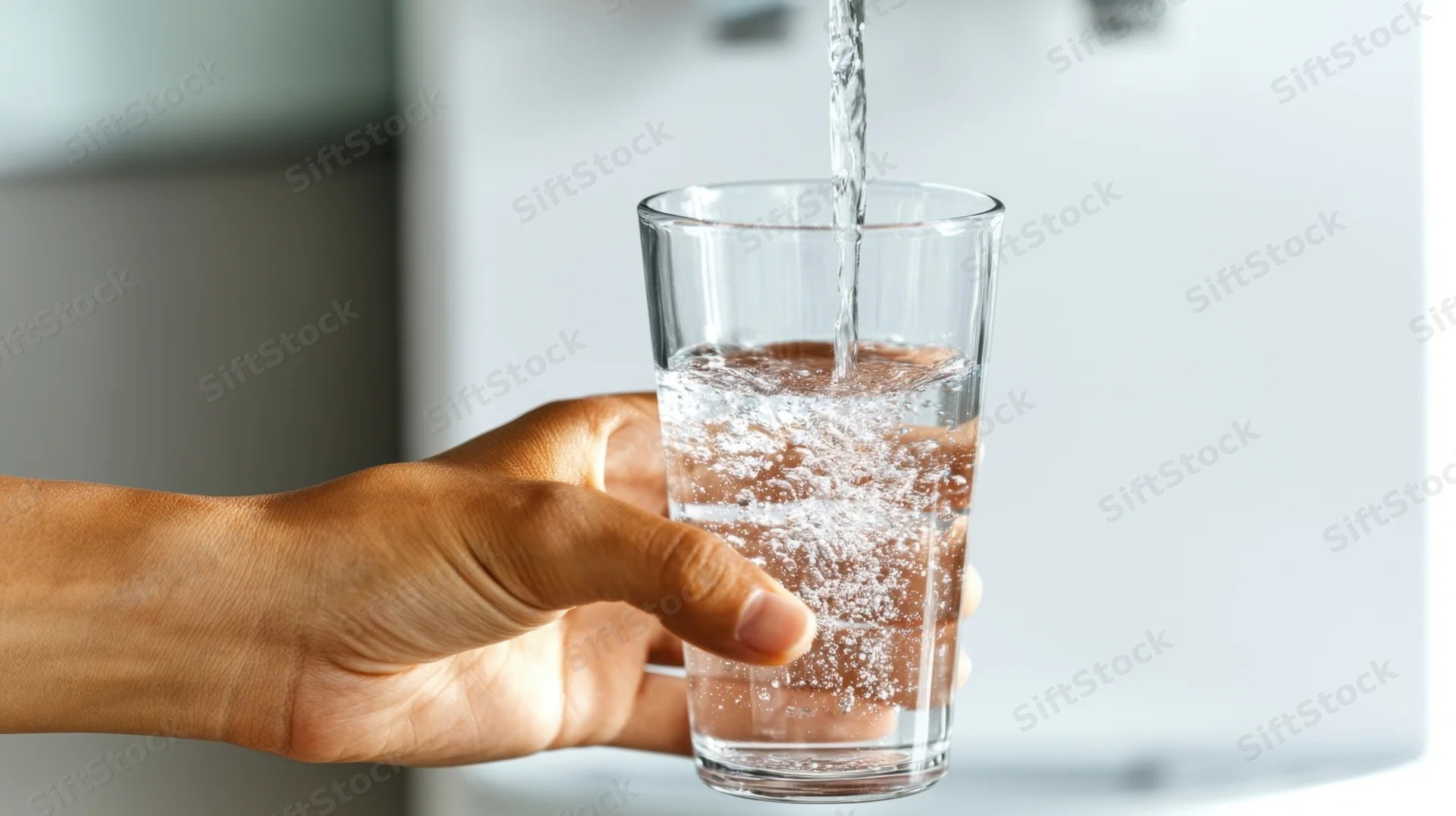 Hand holding a glass as water pours from a tap into it in a kitchen setting