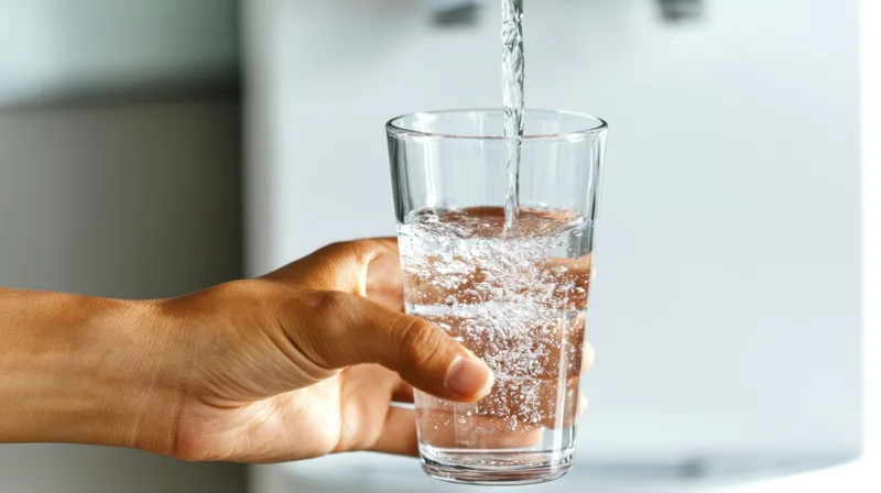 Hand holding a glass as water pours from a tap into it in a kitchen setting