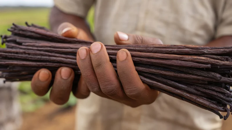 Farmer holding a bundle of dried vanilla pods in a field