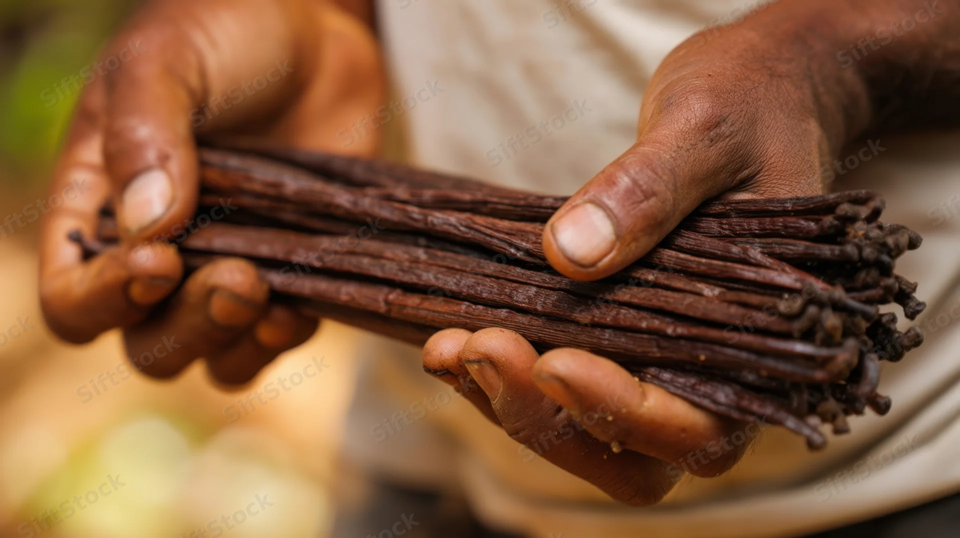 Hands holding dried vanilla beans closeup