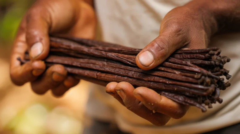 Hands holding dried vanilla beans closeup