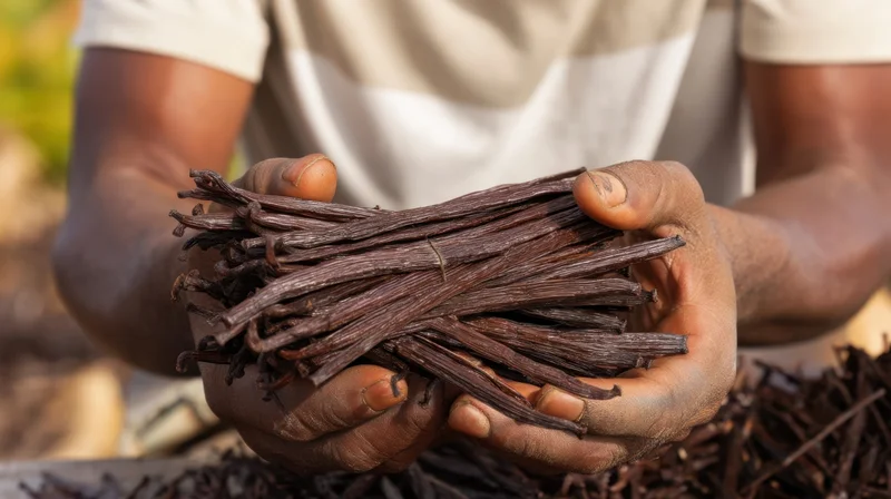 Man holding dried vanilla pods in his hands during harvest in a rural farm setting