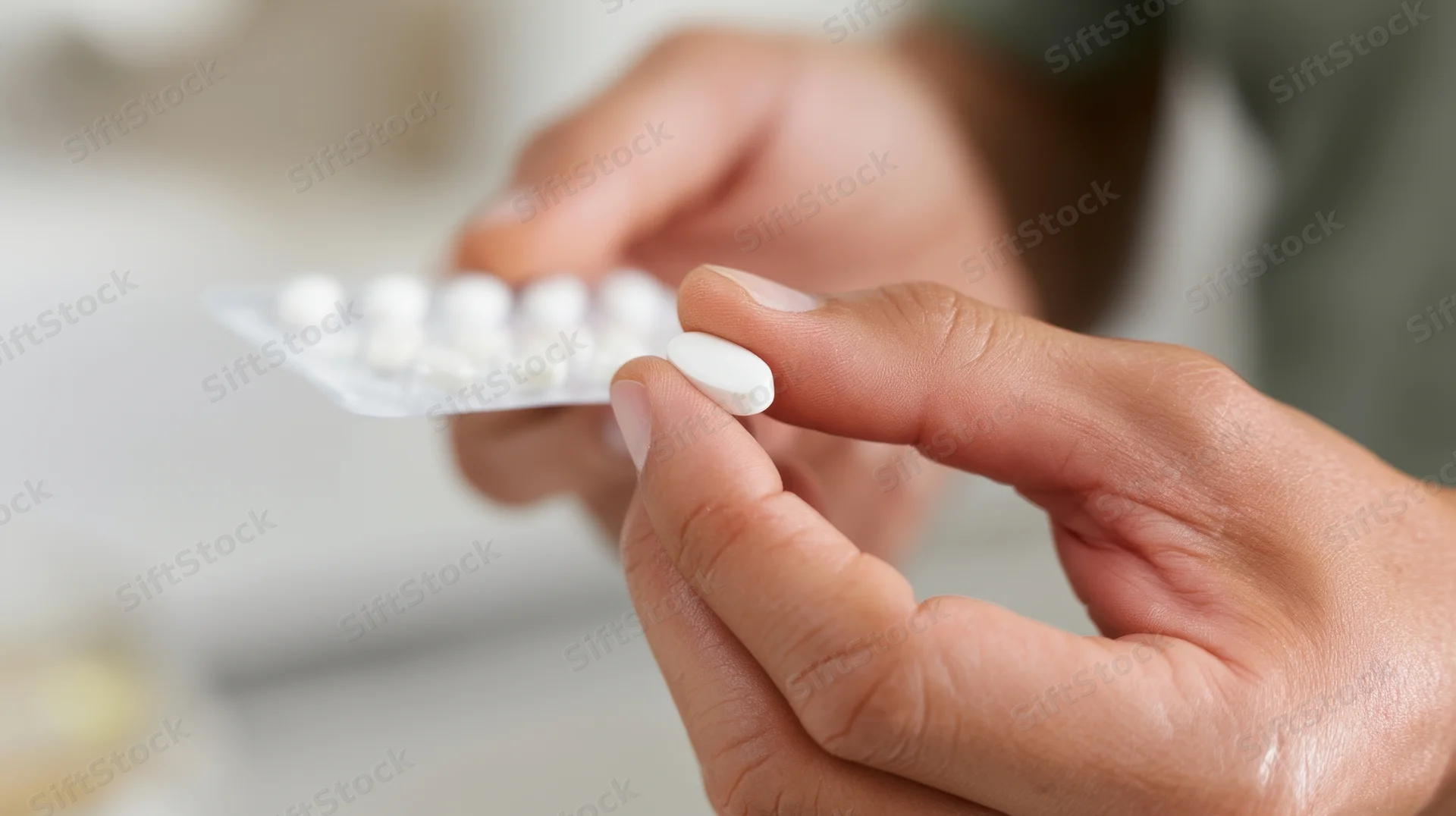Hands holding a white pill and a blister pack of tablets in a clinical setting