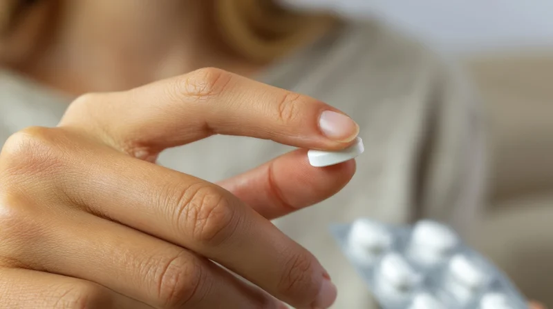 Woman holding a white pill between thumb and index finger with a blister pack in the background