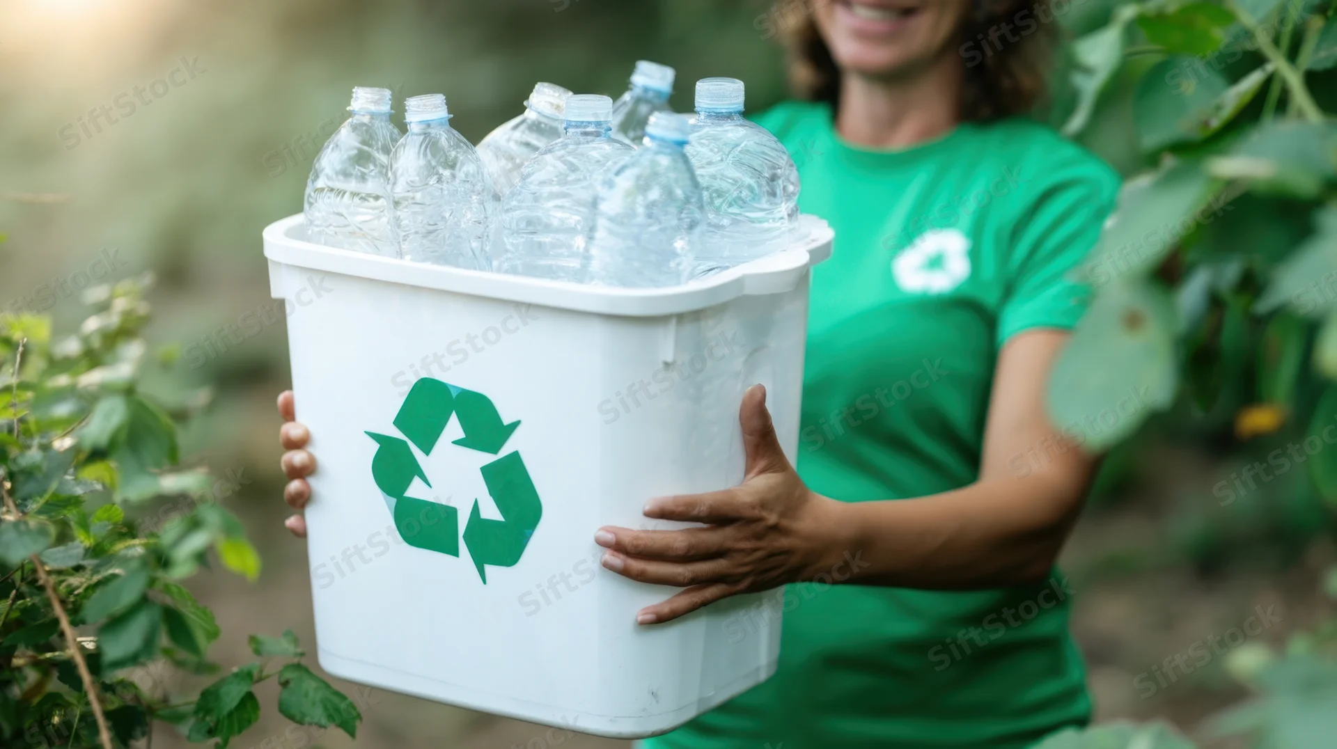 Woman holding a white recycling bin filled with plastic bottles in a garden setting
