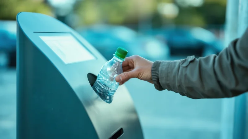 Hand inserting a plastic bottle into an automated recycling machine outdoors