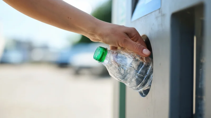 Woman inserting crumpled plastic bottle into recycling machine outdoors