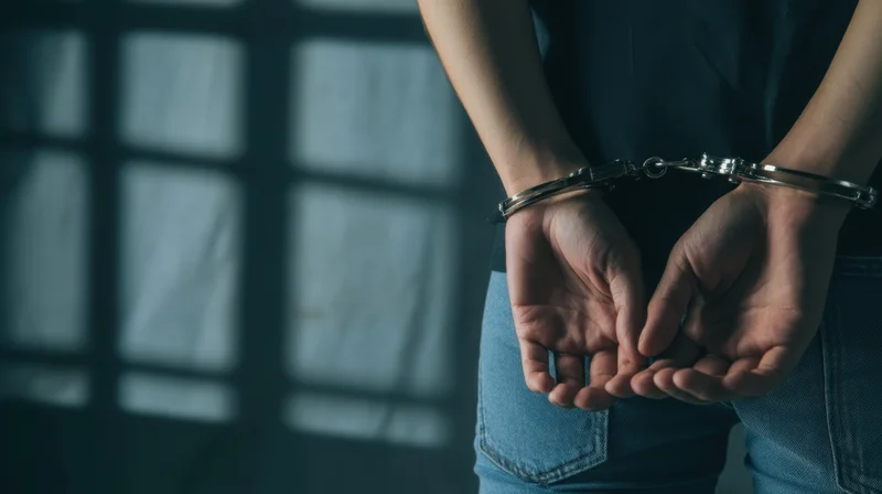 Person with hands cuffed behind back in jail cell