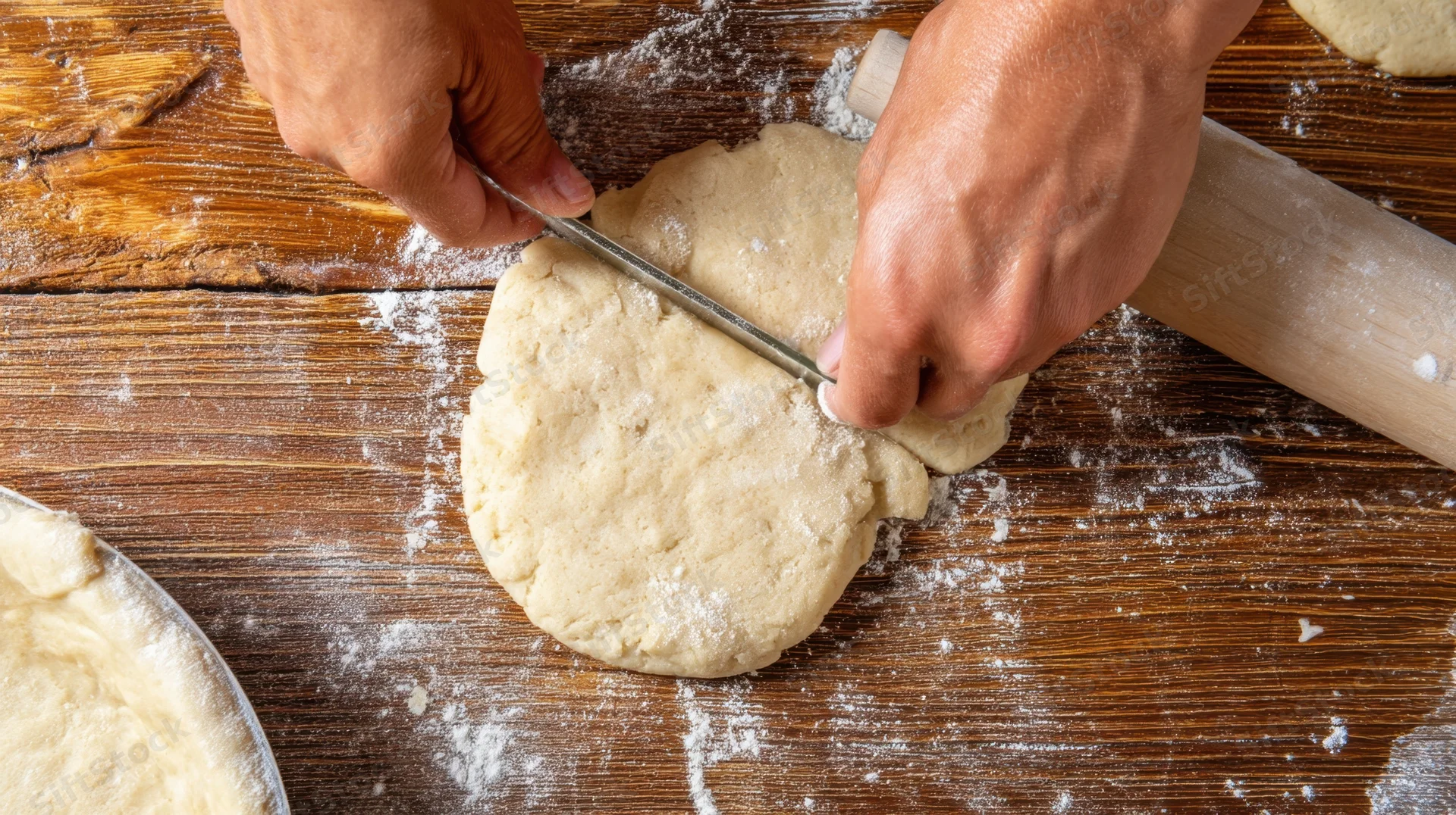 Hands cutting dough on a floured wooden table with a knife and rolling pin nearby
