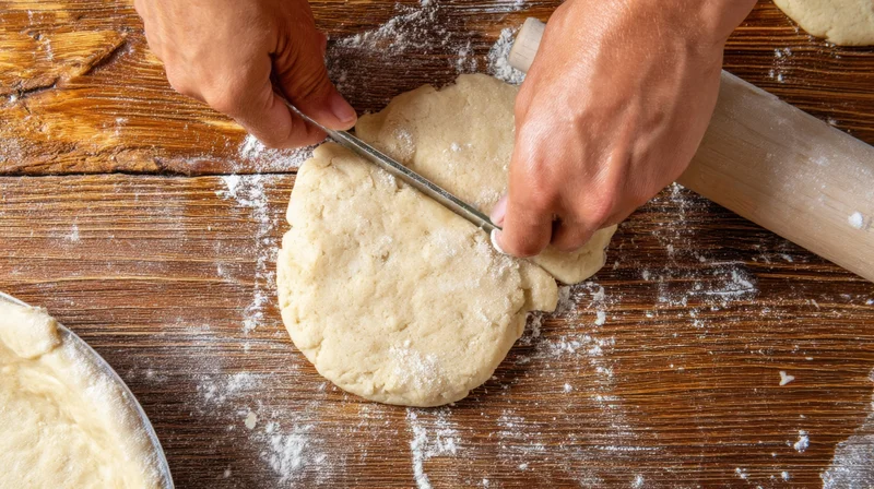 Hands cutting dough on a floured wooden table with a knife and rolling pin nearby