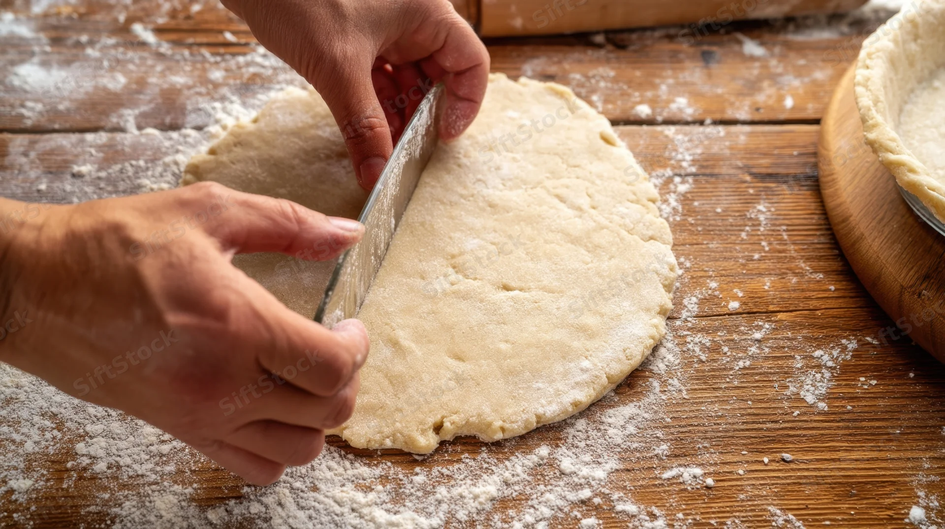 Hands cutting rolled dough on a floured wooden table for pie making