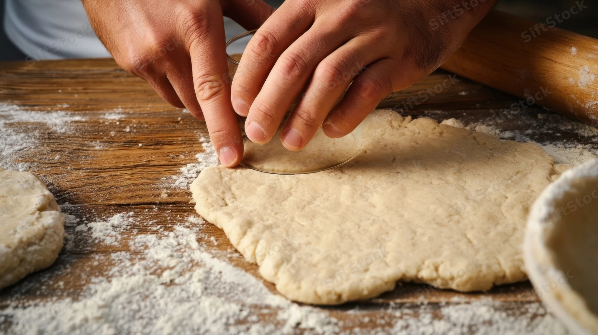 Hands cutting dough with a round cutter on a floured wooden surface