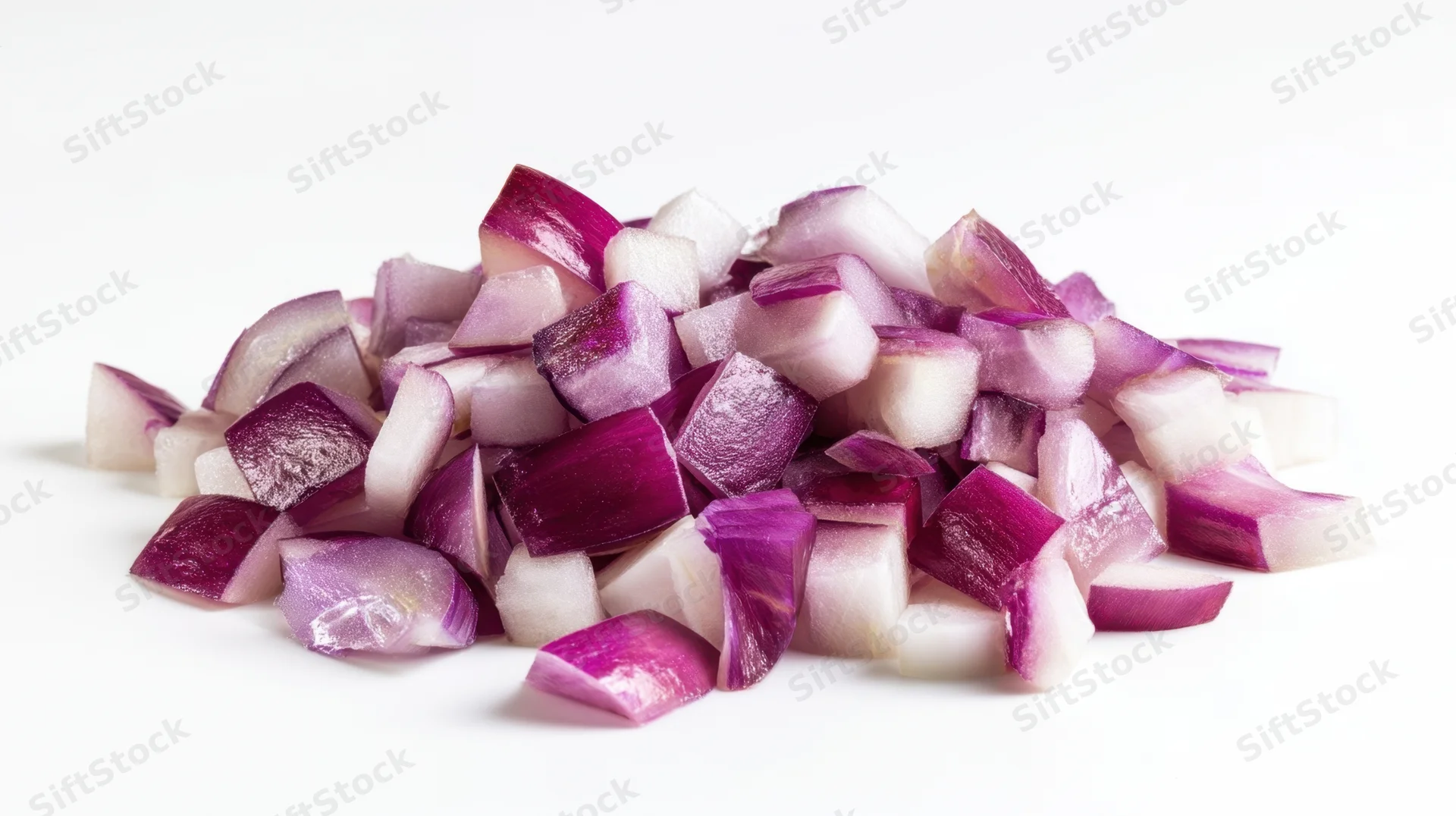Diced red onions piled on a white surface