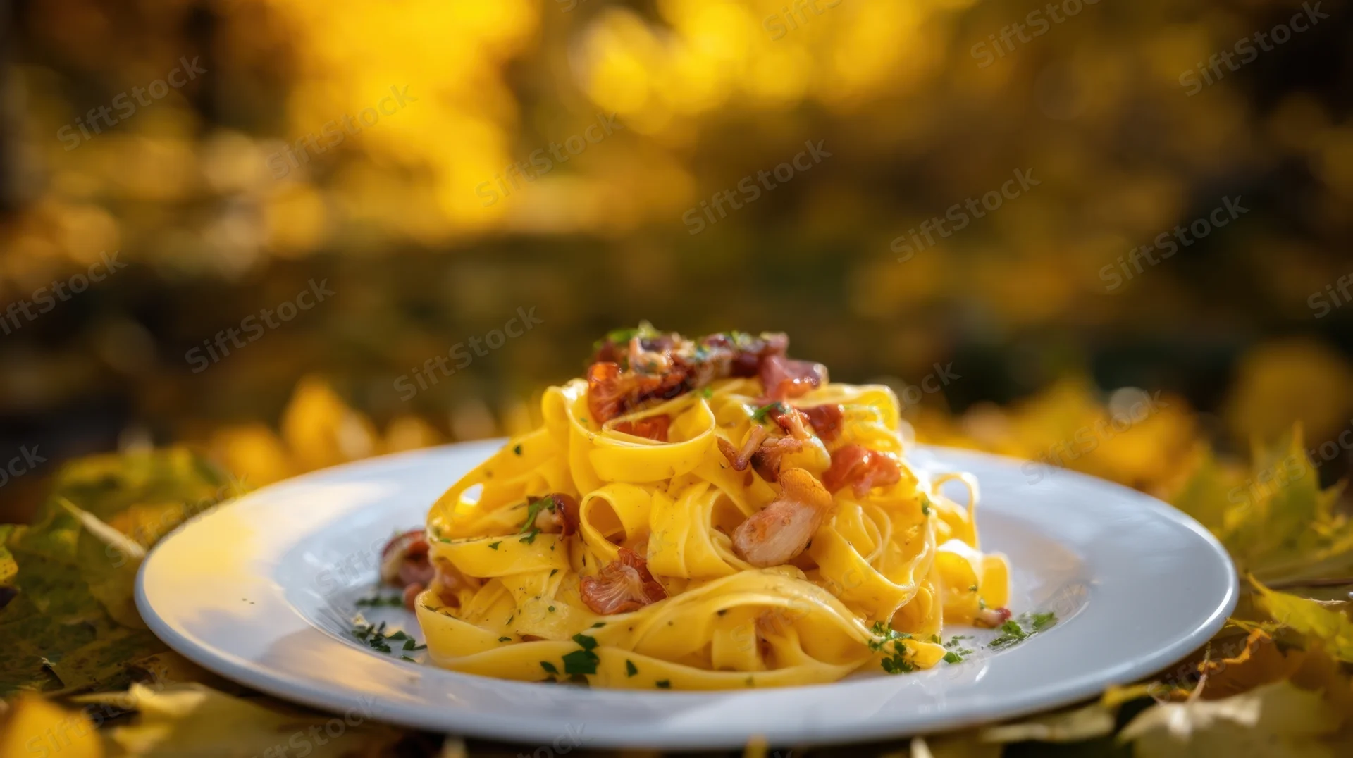Plate of fettuccine carbonara with bacon and parsley on a white dish surrounded by autumn leaves outdoors