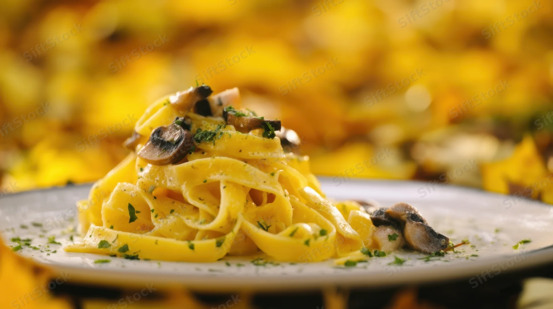 Fettuccine with mushrooms and parsley on a white plate against a golden blurred background