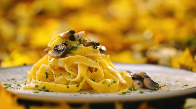 Fettuccine with mushrooms and parsley on a white plate against a golden blurred background