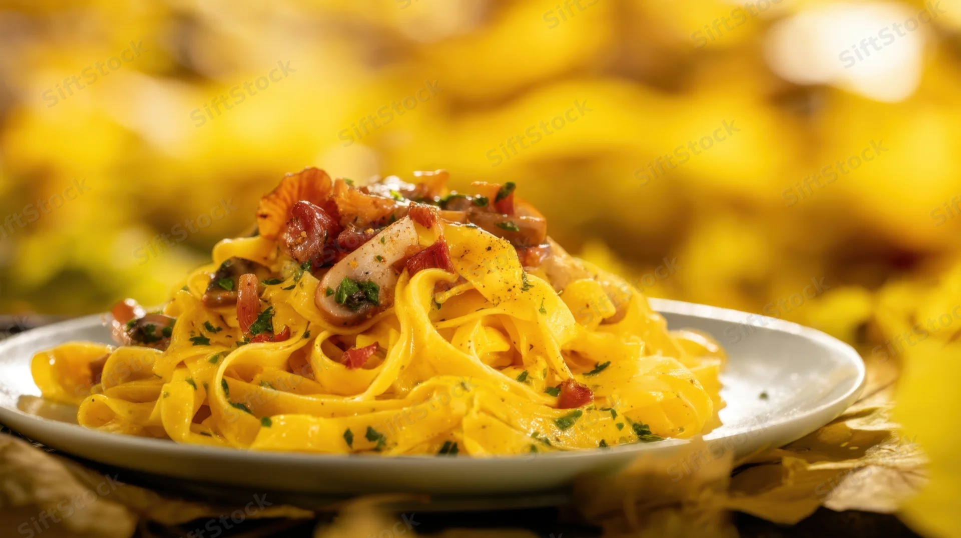Plate of creamy fettuccine carbonara with bacon and mushrooms on a white plate against a golden blurred background