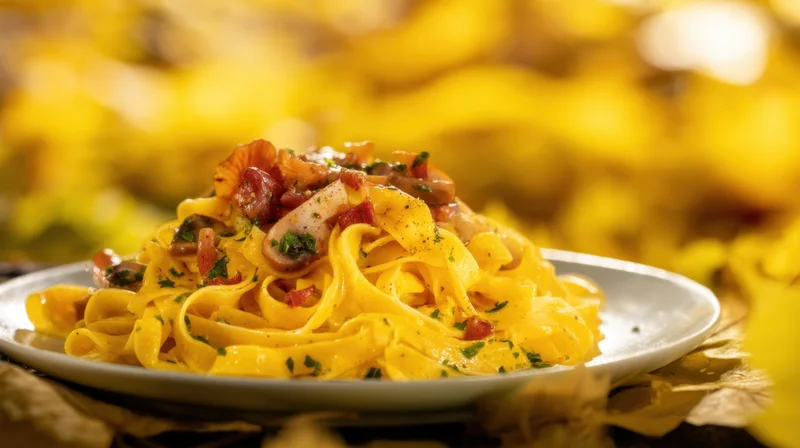 Plate of creamy fettuccine carbonara with bacon and mushrooms on a white plate against a golden blurred background