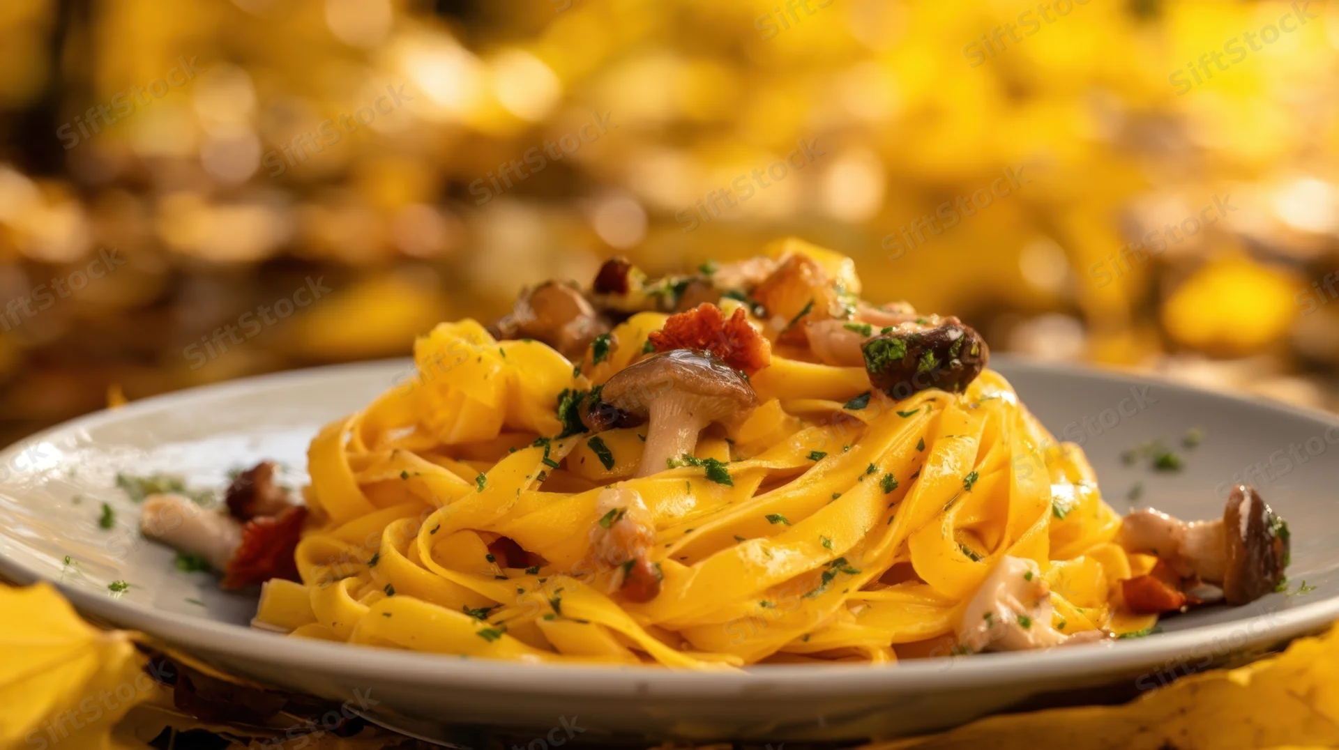 Plate of fettuccine with mushrooms and cheese garnished with parsley on a golden autumn background