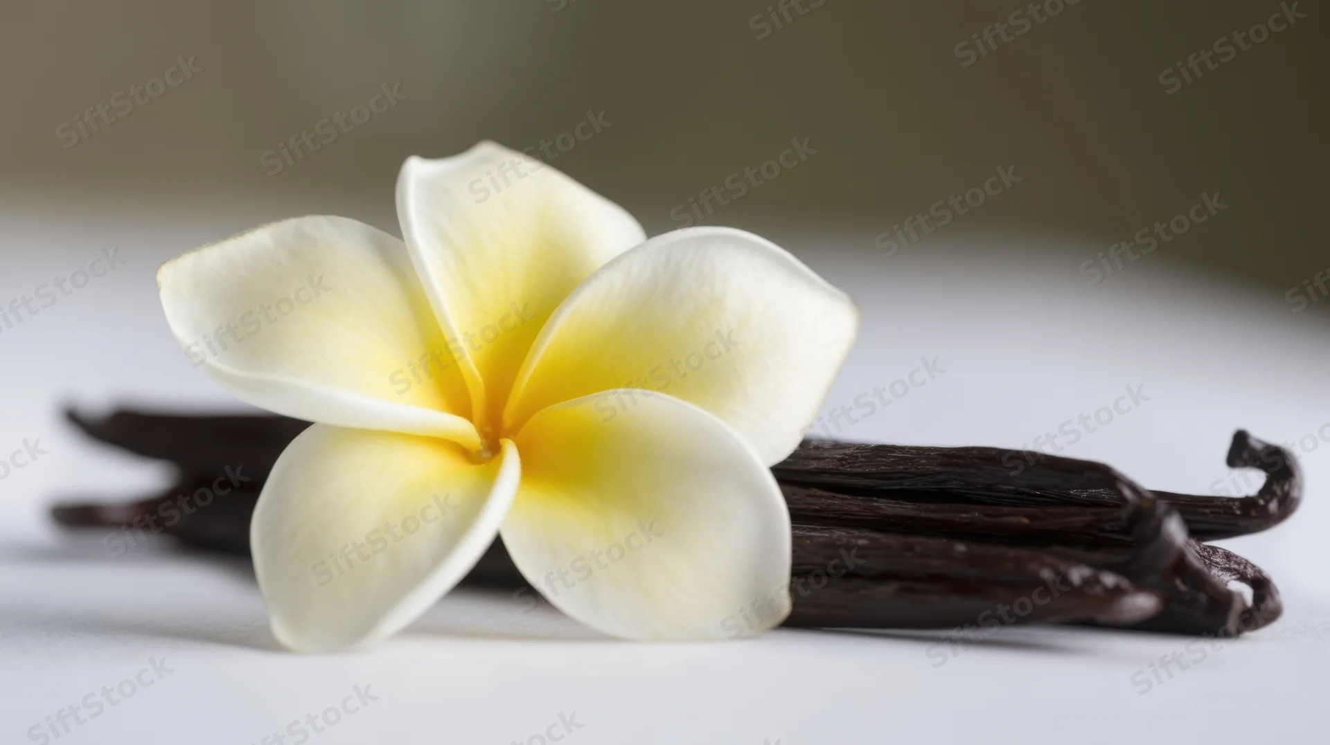 Plumeria flower resting on dried vanilla pods on a white surface